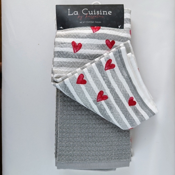 Kitchen Towel Set Of Four (4) Hearts & Stripes  On White (2) Solid Grey NWT - Picture 3 of 10